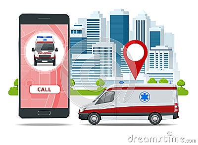 All ambulance car via mobile phone, emergency call. Ambulance car, hands dialing number ambulance service operator Vector Illustration