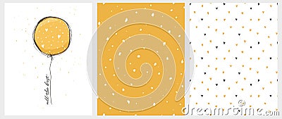 All the Best. Hand Draw Yellow Ballonn with Best Wishes and Abstract Seamless Vector Patterns. Vector Illustration