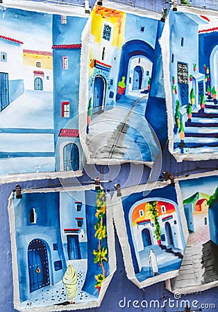 Blue leather drawings in chefchaouen Editorial Stock Photo