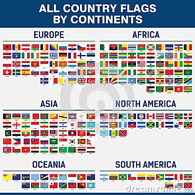 All country flags in the world by continents Vector Illustration