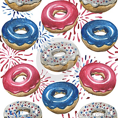 Watercolor pattern, glazed donuts, fireworks. Stock Photo