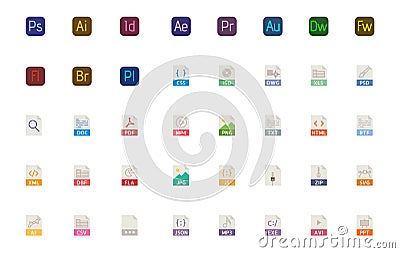 All File Types Icon You Need, All Adobe Programes, , all file extentions, Vector Eps file Editorial Stock Photo