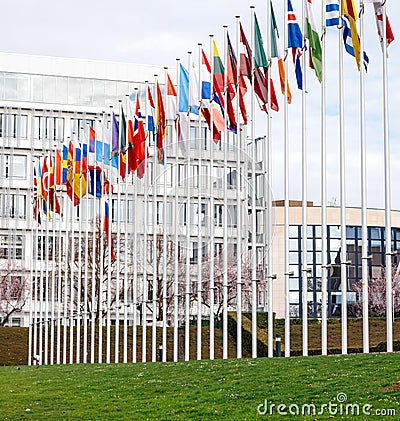 All flags with flag of Russia flying half-mast Editorial Stock Photo