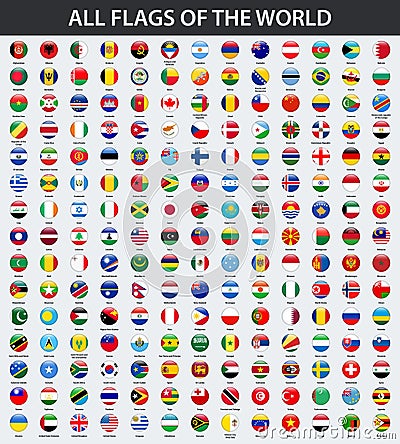 All flags of the world in alphabetical order. Round, circle glossy style Vector Illustration