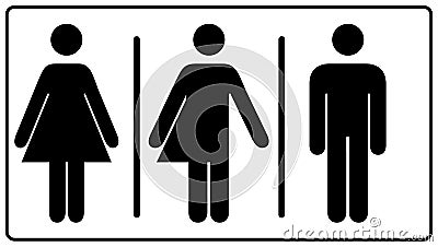 All gender restroom sign. Male, female transgender. illustration. Black symbols isolated on white. Mandatory banner. Se Cartoon Illustration