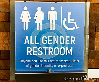 All Gender Restroom Sign in Vancouver, British Columbia Editorial Stock Photo