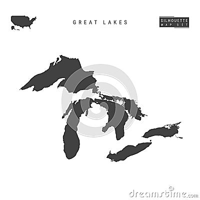 All the Great Lakes Vector Map Isolated on White Background. High-Detailed Black Silhouette Map of Great Lakes Vector Illustration