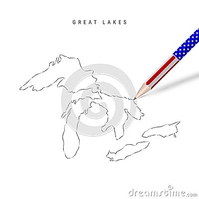 All of the Great Lakes vector map pencil sketch. Superior, Michigan, Huron, Erie, and Ontario outline map Vector Illustration