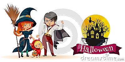 All Hallows Eve family party flat poster vector illustration. Cartoon smiling parents with daughter dressed in Halloween Vector Illustration