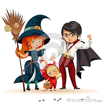 All Hallows Eve family party flat poster vector illustration. Cartoon smiling parents with daughter dressed in nice Vector Illustration