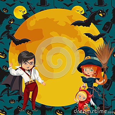 All Hallows Eve family party flat poster vector illustration. Cartoon smiling parents with daughter dressed in nice Vector Illustration