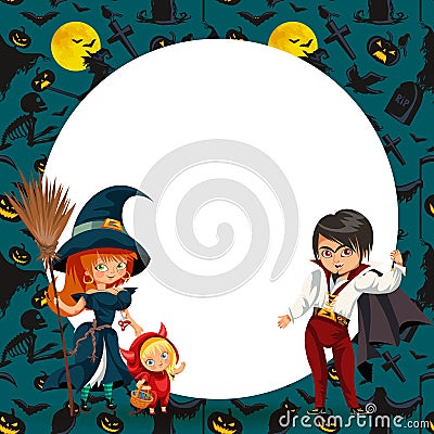 All Hallows Eve family party flat poster Vector Illustration