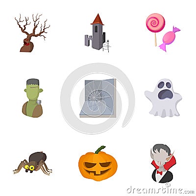 All hallows evening icons set, cartoon style Vector Illustration