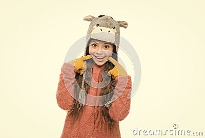 all kind of knits. knitwear fashion. little girl loves winter. finally winter holidays. enjoy christmas vacation. good Stock Photo