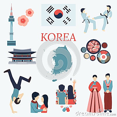 All about Korea. Flat design elements. KPOP, Korean series,flag, nation flower,taekwondo,map,tourist attractions and etc Vector Illustration