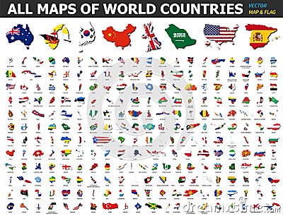 All maps of world countries and flags . Collection of outline shape of international country map with shadow . Flat design . Vector Illustration