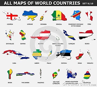 All maps of world countries and flags . Set 9 of 10 . Collection of outline shape of international country map with shadow . Flat Vector Illustration