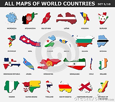 All maps of world countries and flags . Set 5 of 10 . Collection of outline shape of international country map with shadow . Flat Vector Illustration