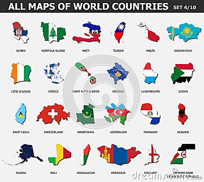 All maps of world countries and flags . Set 4 of 10 . Collection of outline shape of international country map with shadow . Flat Vector Illustration