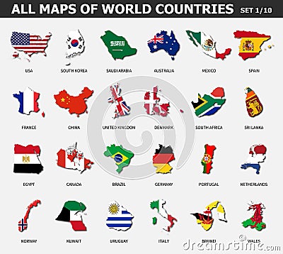 All maps of world countries and flags . Set 1 of 10 . Collection of outline shape of international country map with shadow . Flat Vector Illustration