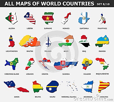 All maps of world countries and flags . Set 8 of 10 . Collection of outline shape of international country map with shadow . Flat Vector Illustration