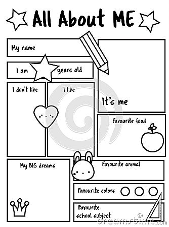 All about me printable sheet. Writing prompt for kids blank. Educational children page. Vector Illustration