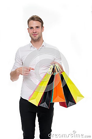 All mine. Birthday gifts arrived on time. Guy satisfied got bag gift. Man happy received package gift isolated white Stock Photo