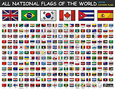 All national flags of the world . Cartoon style Vector Illustration