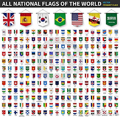 All national flags of the world . 3D realistic pennant hanging design . White isolated background . Vector Vector Illustration