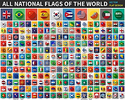 All national flags of the world . Flat color and long shadow design . Vector Vector Illustration