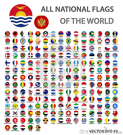 All national flags of the world set. Official world flags circle buttons, accurate colors. Vector Illustration