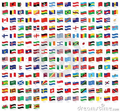 All national world waving flags with names - high quality vector flag isolated on white background Vector Illustration