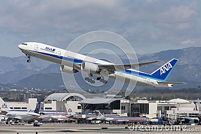 All Nippon Airways ANA Boeing 777 aircraft taking off from Los Angeles International Airport. Editorial Stock Photo