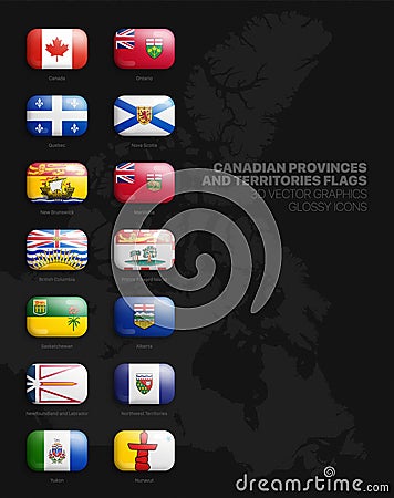 All Official Flags of Canadian Provinces and Territories 3D Vector Glossy Icons Vector Illustration