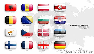 All Official Flags of European Countries 3D Vector Rounded Glossy Icons Set Vector Illustration