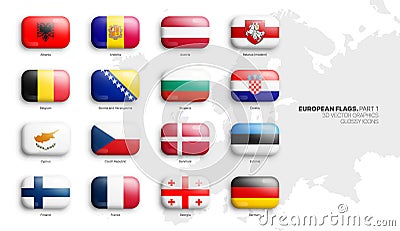 All Official Flags of European Countries 3D Vector Rounded Glossy Icons Set Isolated On White Part 1 Vector Illustration