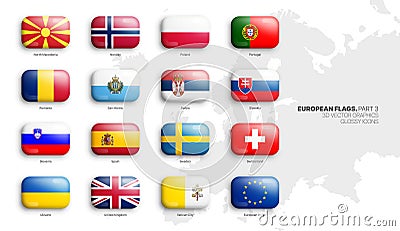 All Official Flags of European Countries 3D Vector Rounded Glossy Icons Set Isolated On White Part 3 Vector Illustration