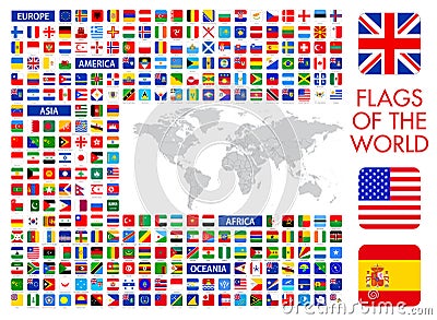 All official national flags of the world, square design, vector icons Vector Illustration