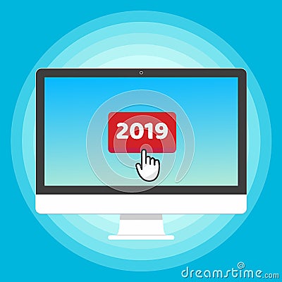 All in one PC monitor device with red button 2019 and cursor hand pointer icon sign push the button with finger. Vector Illustration