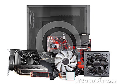 All parts and components for modern desktop computer. Mainboard power supply RAM M2 SSD hard disk CPU fan cooler graphics card Stock Photo