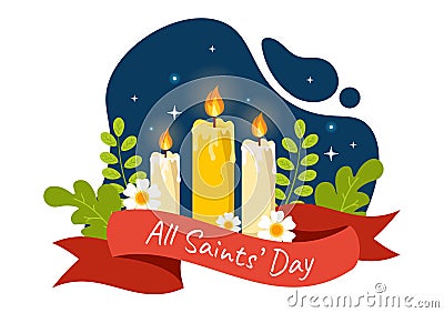All Saints Day Vector Illustration on 1st November with for the All Souls Remembrance Celebration with Candles in Flat Cartoon Vector Illustration