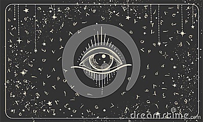 All-seeing eye on a black background with Arabic numerals, vintage pattern for numerology, astrology, prediction. Modern Vector Illustration