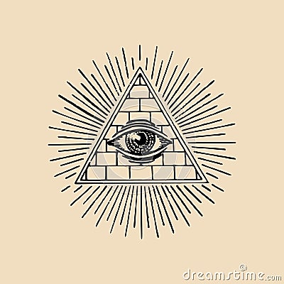 All-seeing eye. Freemasonry pyramid vector illustration. Engraving masonic logo, emblem. Vector Illustration