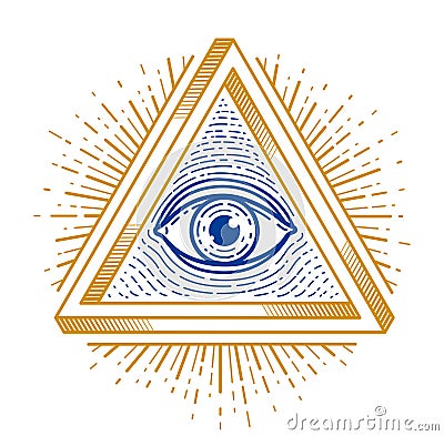 All seeing eye of god in sacred geometry triangle, masonry and illuminati symbol. Vector Illustration