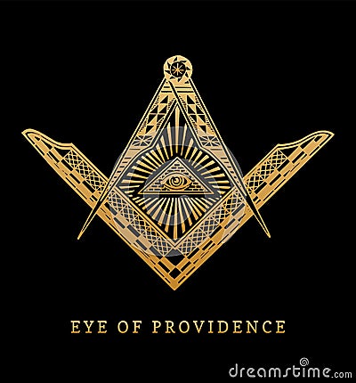 All-seeing eye of providence. Masonic square and compass symbols. Freemasonry pyramid engraving logo, emblem. Vector Illustration