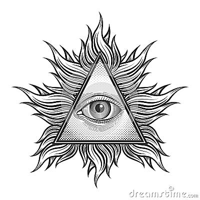 All seeing eye pyramid symbol in the engraving Vector Illustration