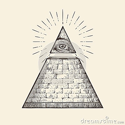 All seeing eye pyramid symbol. New World Order. Hand drawn sketch vector Vector Illustration