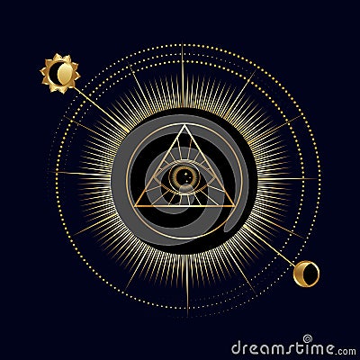 All-seeing eye in a triangle with sun and moon. Symbol of religion, spirituality, occultism. Vector illustration Vector Illustration