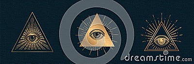 All seeing eye vector, illuminati symbol in triangle with light ray, tattoo design isolated on black background Vector Illustration