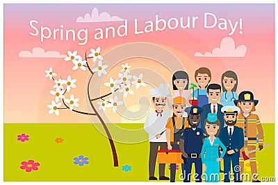 All Service Professions on Spring Labour Day Card Vector Illustration